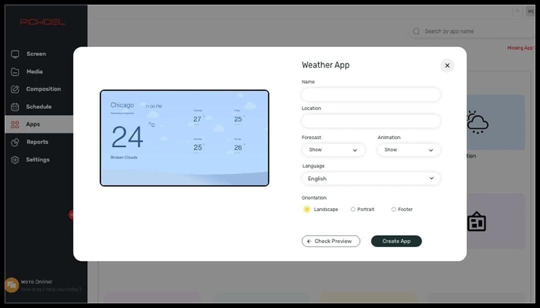Step 1: Digital signage software interface showing Weather App configuration window with multiple options Step 1: Digital signage software interface showing Weather App configuration window with multiple options
