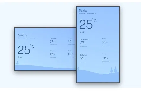 Weather app feed preview showing flexible layout options for landscape and portrait digital signage screens Weather app feed preview showing flexible layout options for landscape and portrait digital signage screens