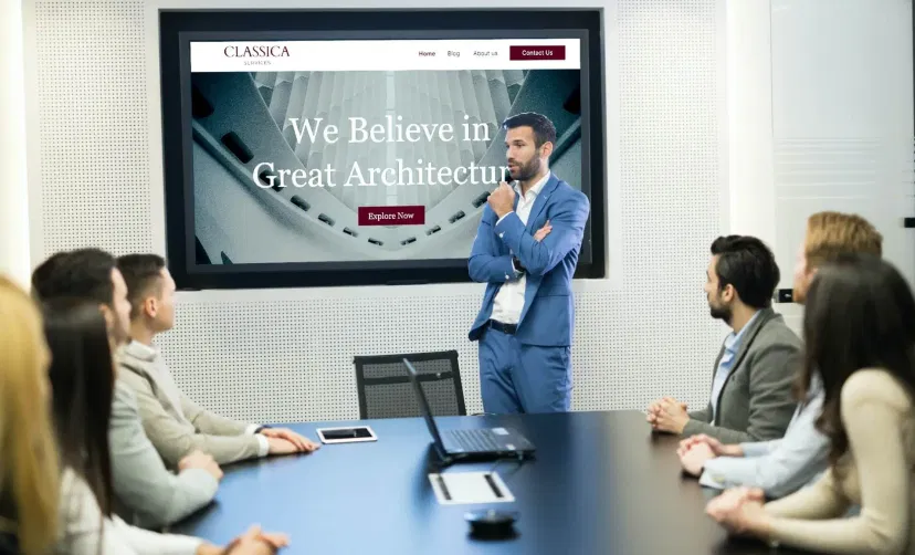 Employee discussing with clients and showing a website on a meeting room digital signage using web url app from Pickcel Employee discussing with clients and showing a website on a meeting room digital signage using web url app from Pickcel