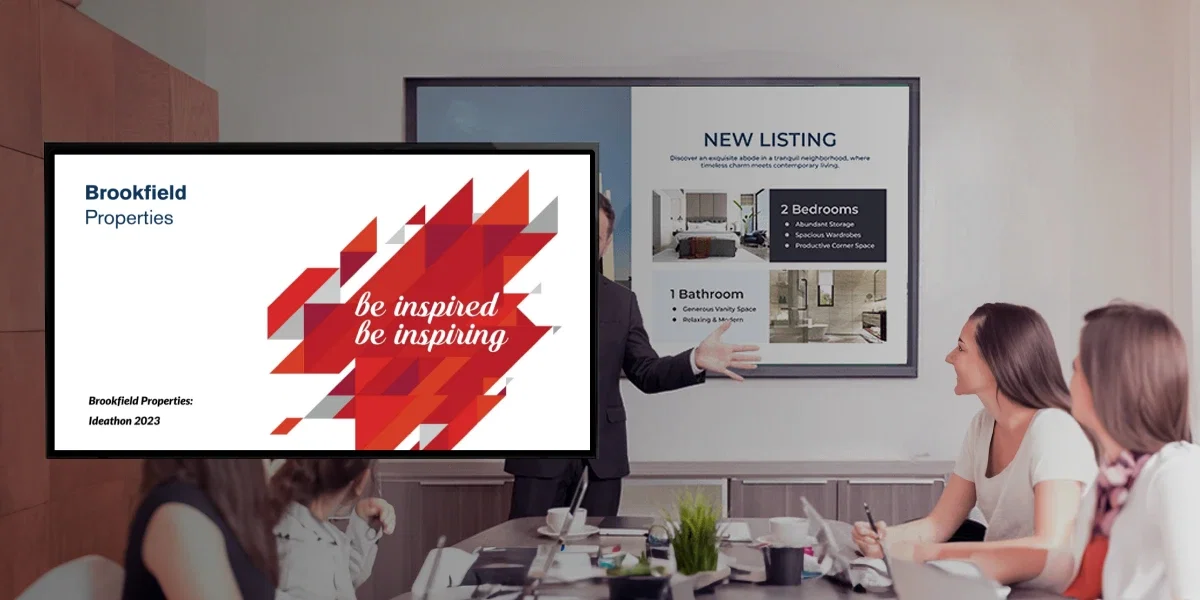 Brookfield property lobby display powered by Pickcel showing announcements and tenant information Brookfield property lobby display powered by Pickcel showing announcements and tenant information