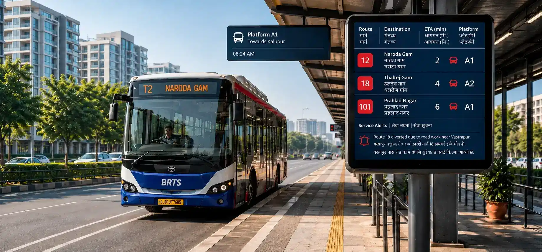NEC BRTS bus stop with Pickcel-powered digital signage showing live bus arrivals and NEC transit bus at platform A1