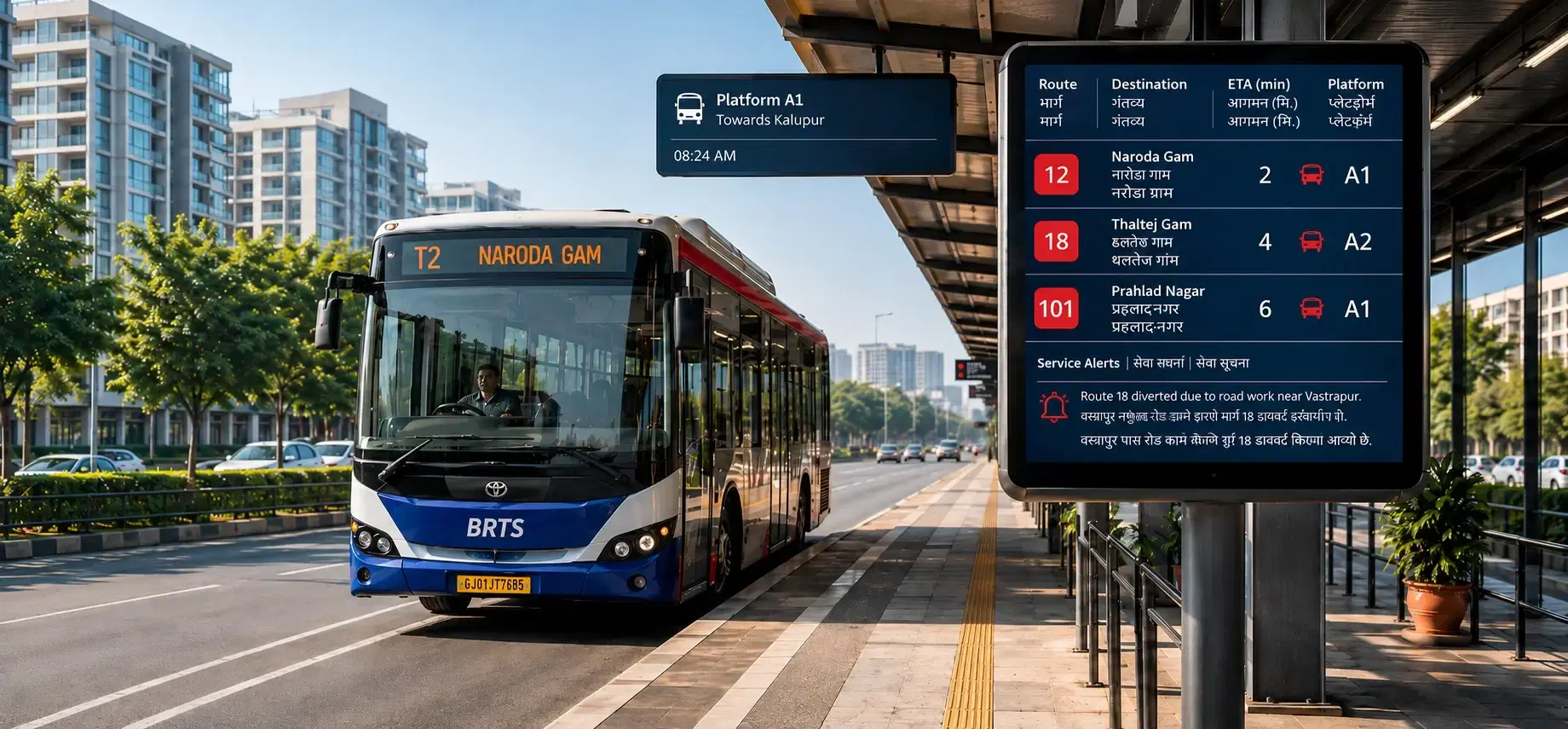 NEC BRTS bus stop with Pickcel-powered digital signage showing live bus arrivals and NEC transit bus at platform A1