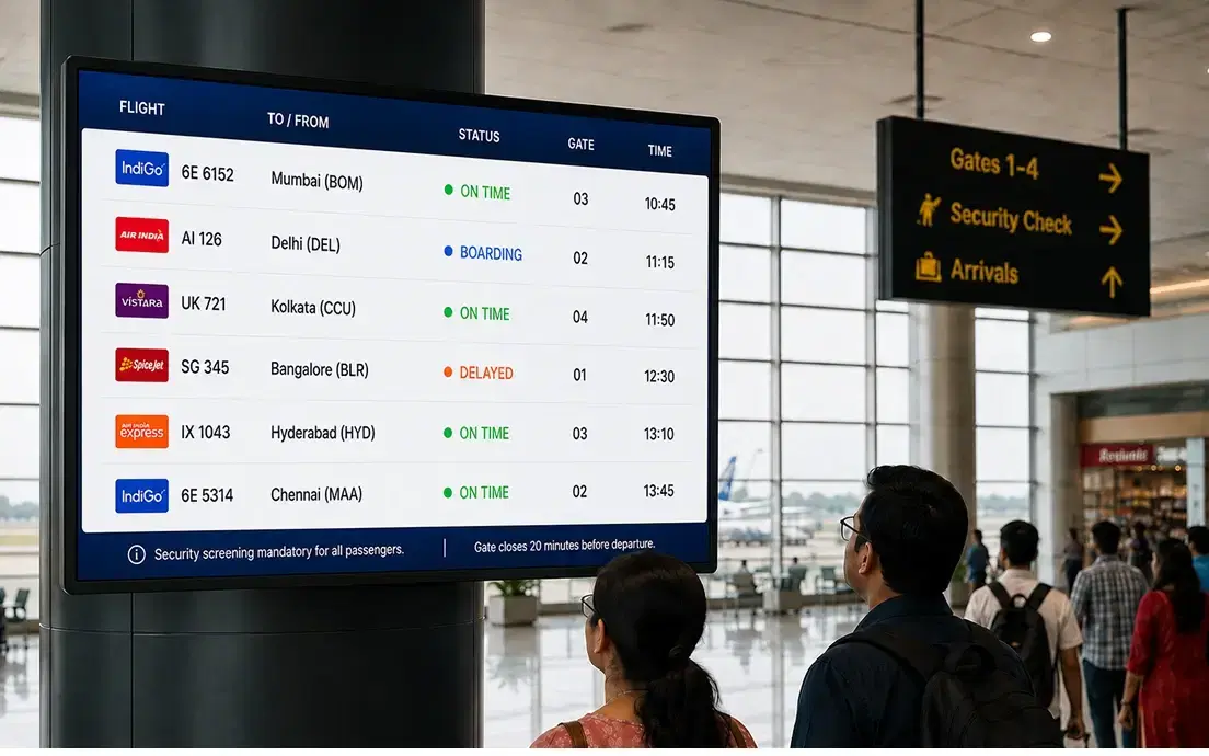 NEC digital display showing live flight departures at Varanasi Airport