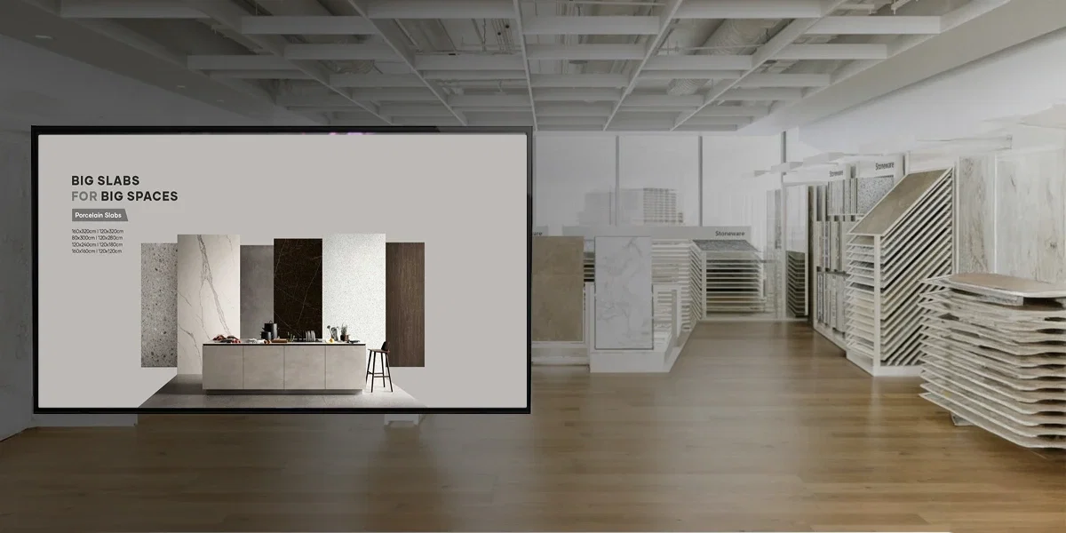 Saudi Ceramics showroom displays managed with Pickcel digital signage showing product visuals and QR prompts Saudi Ceramics showroom displays managed with Pickcel digital signage showing product visuals and QR prompts