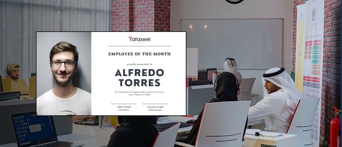 Tafaseel corporate communication digital signage with Pickcel Tafaseel office signage showing announcements and engagement content powered by Pickcel