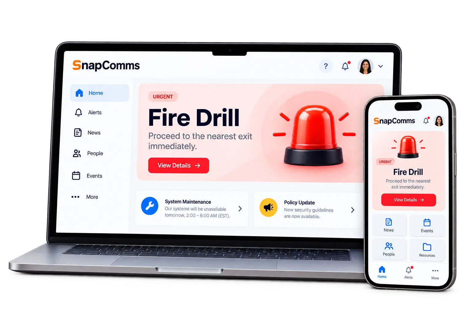 Device-based employee communication shown on a laptop and smartphone