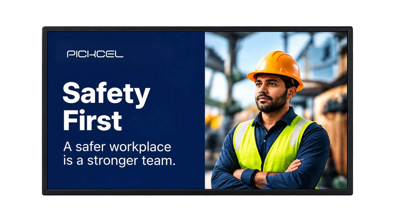 Pickcel digital signage screen showing a Stronger Teams On Every Shift workplace message