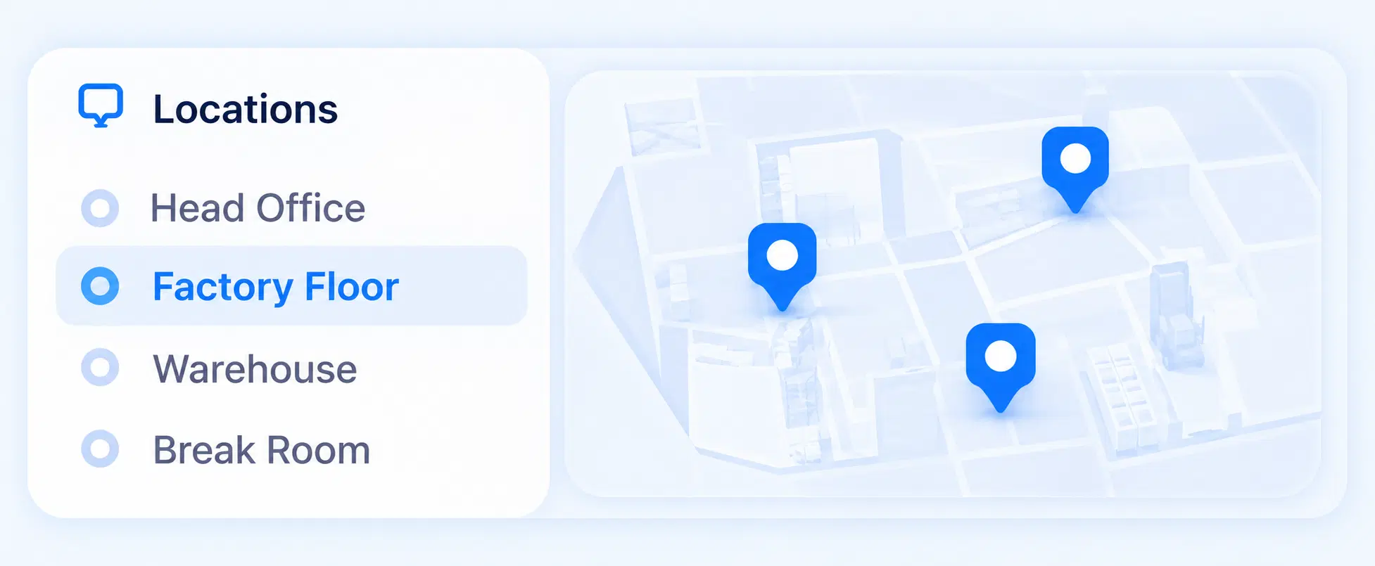Locations list with Head Office, Factory Floor, Warehouse and Break Room beside a map with location pins