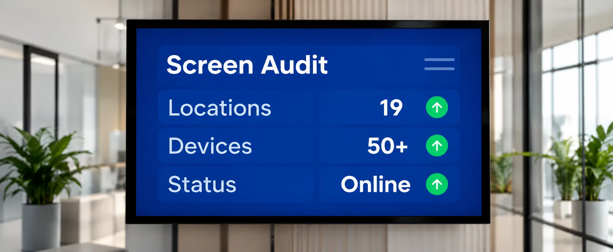 Workplace screen showing a Screen Audit with locations, devices and status online