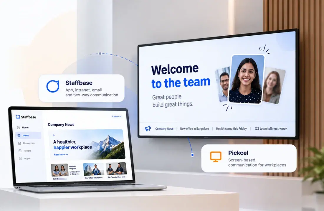Staffbase intranet on a laptop beside a Pickcel digital signage screen showing a Welcome to the team message