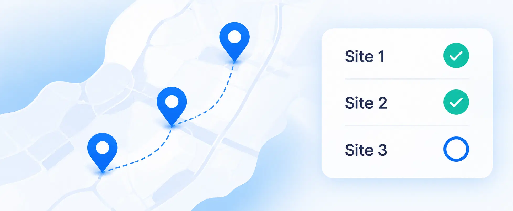 Map with a route between three sites beside a checklist with Site 1 and Site 2 complete