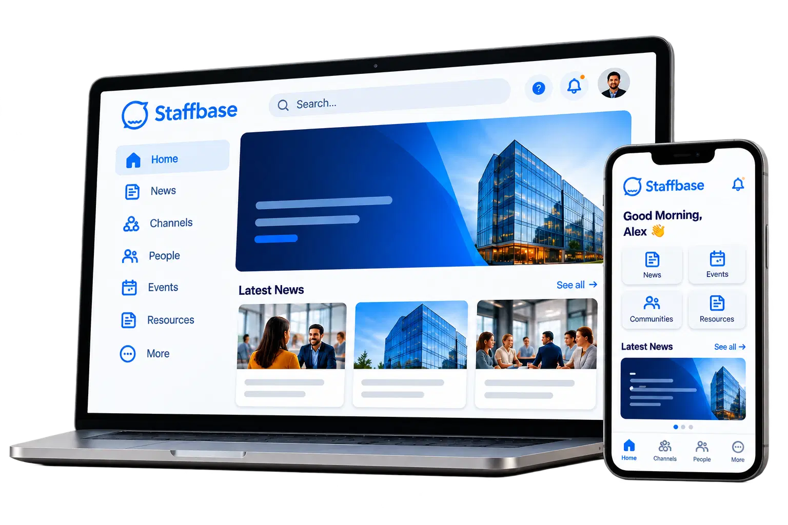 Staffbase employee app shown on a laptop and a smartphone
