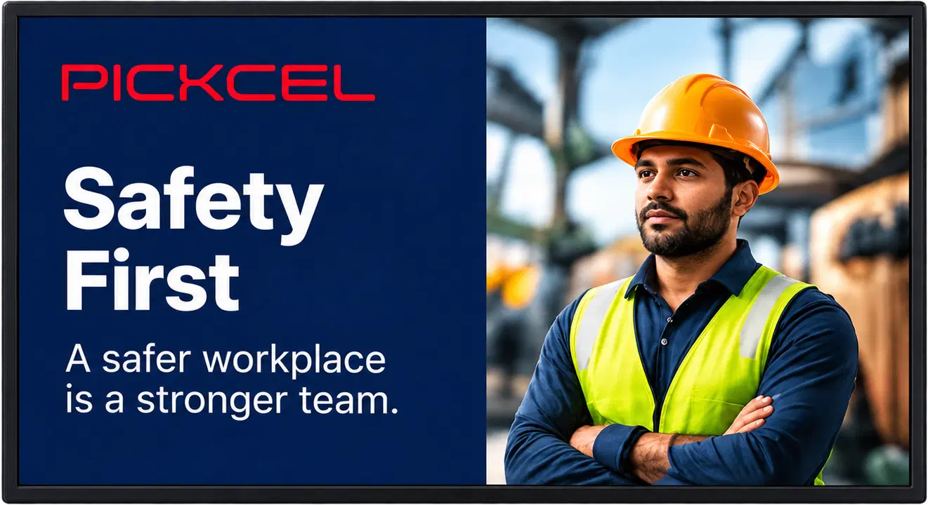 Pickcel digital signage screen showing a Stronger Teams On Every Shift workplace message