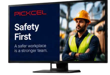 Pickcel digital signage screen showing a Safety First workplace message