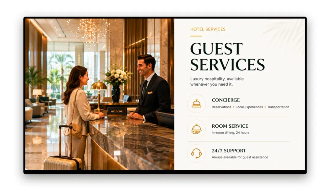 Hospitality digital signage in a hotel lobby