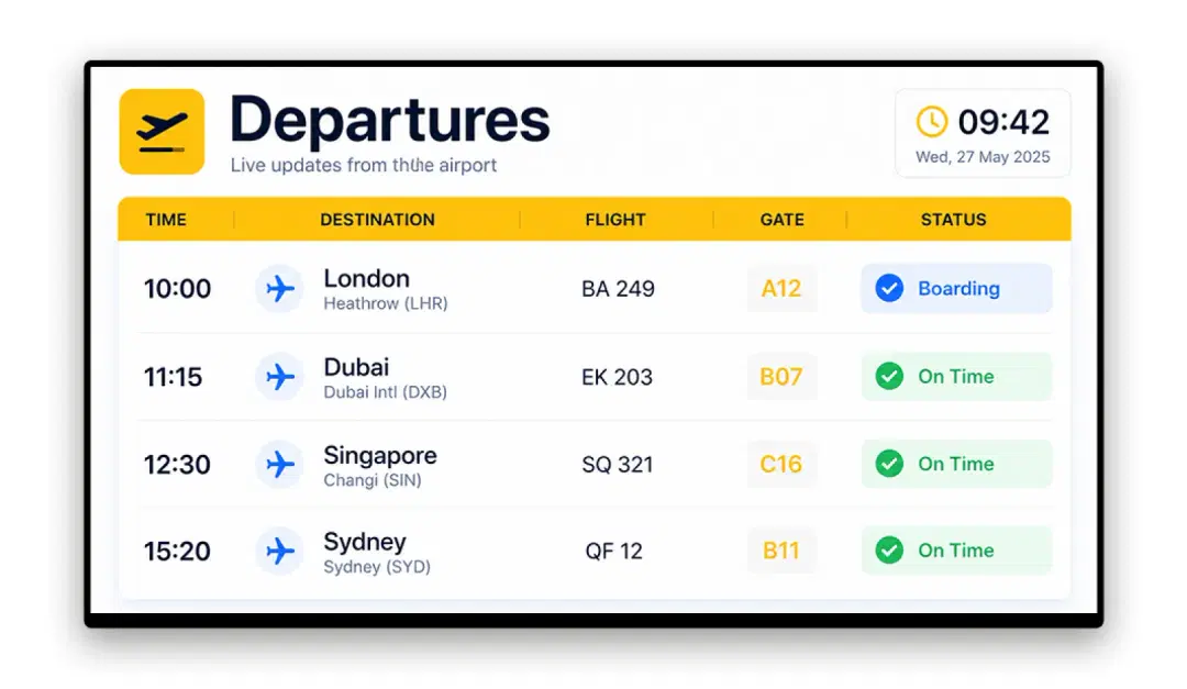 Transportation digital signage at an airport departure board