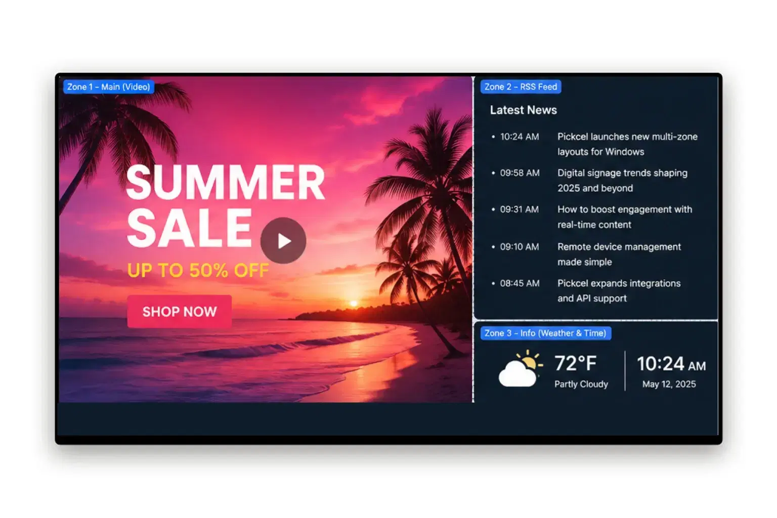 Multi-zone digital signage layout with a video zone and live RSS data feed zone on a Windows display Multi-zone digital signage layout with a video zone and live RSS data feed zone on a Windows display