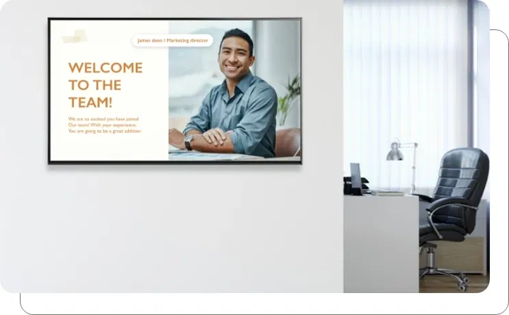 An office digital screen wth a welcome onboard message An office digital screen wth a welcome onboard message