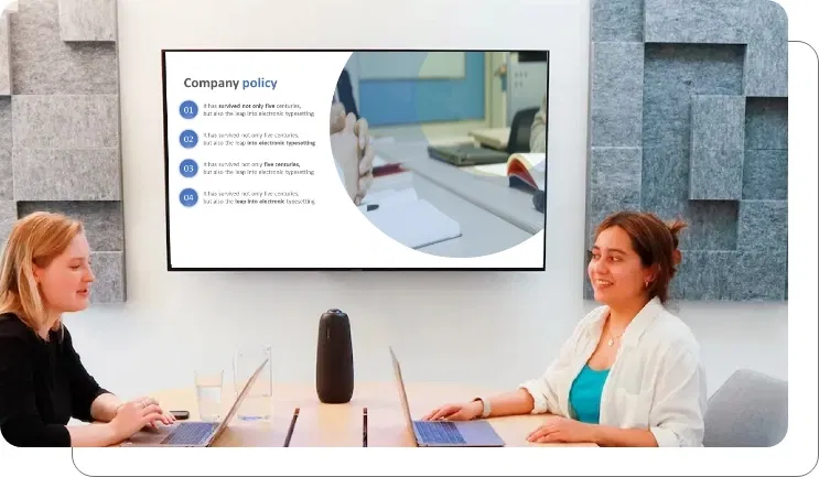 An office digital signage screen showing financing info An office digital signage screen showing financing info