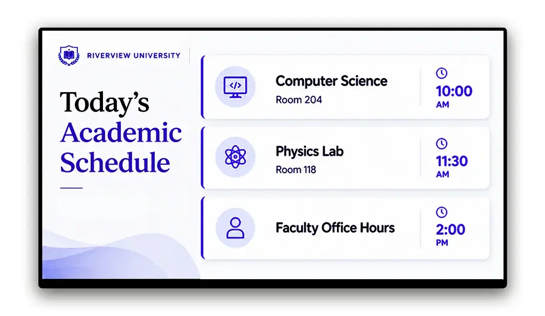 University department directory and academic schedule on digital display