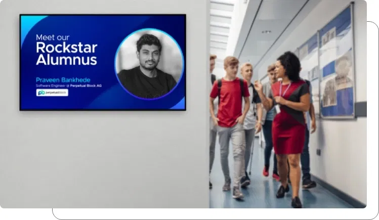 Digital screen displaying alumni achievements and success stories Digital screen displaying alumni achievements and success stories