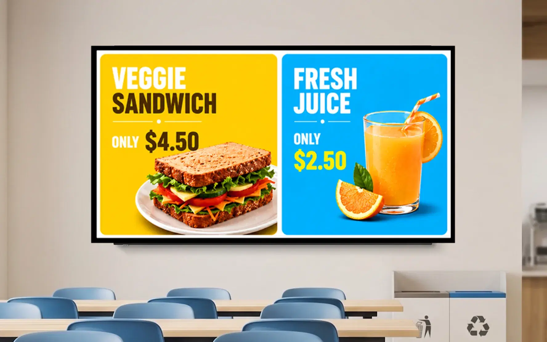 Cafeteria menus School cafeteria digital menu board displaying meal options and nutritional information