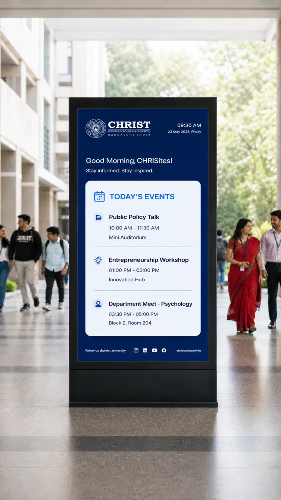 CHRIST University digital signage CHRIST University campus digital signage displaying event schedule and student notices