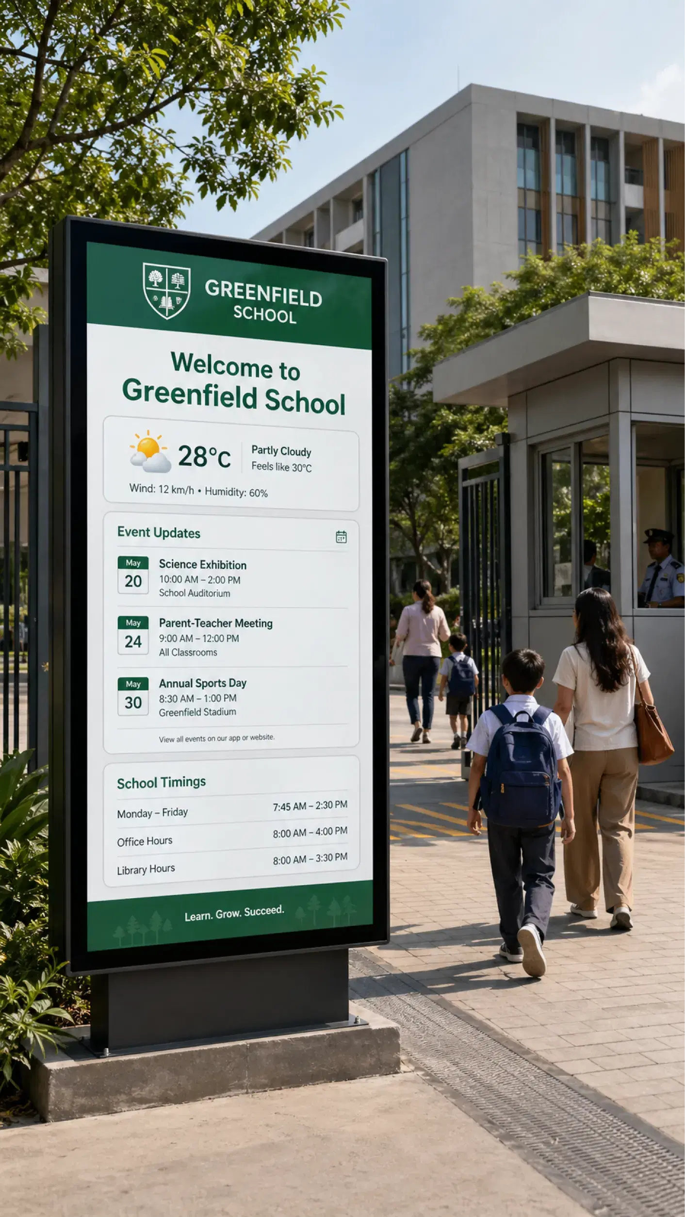Outdoor school digital signage Outdoor digital signage display at a school entrance showing daily schedule and announcements
