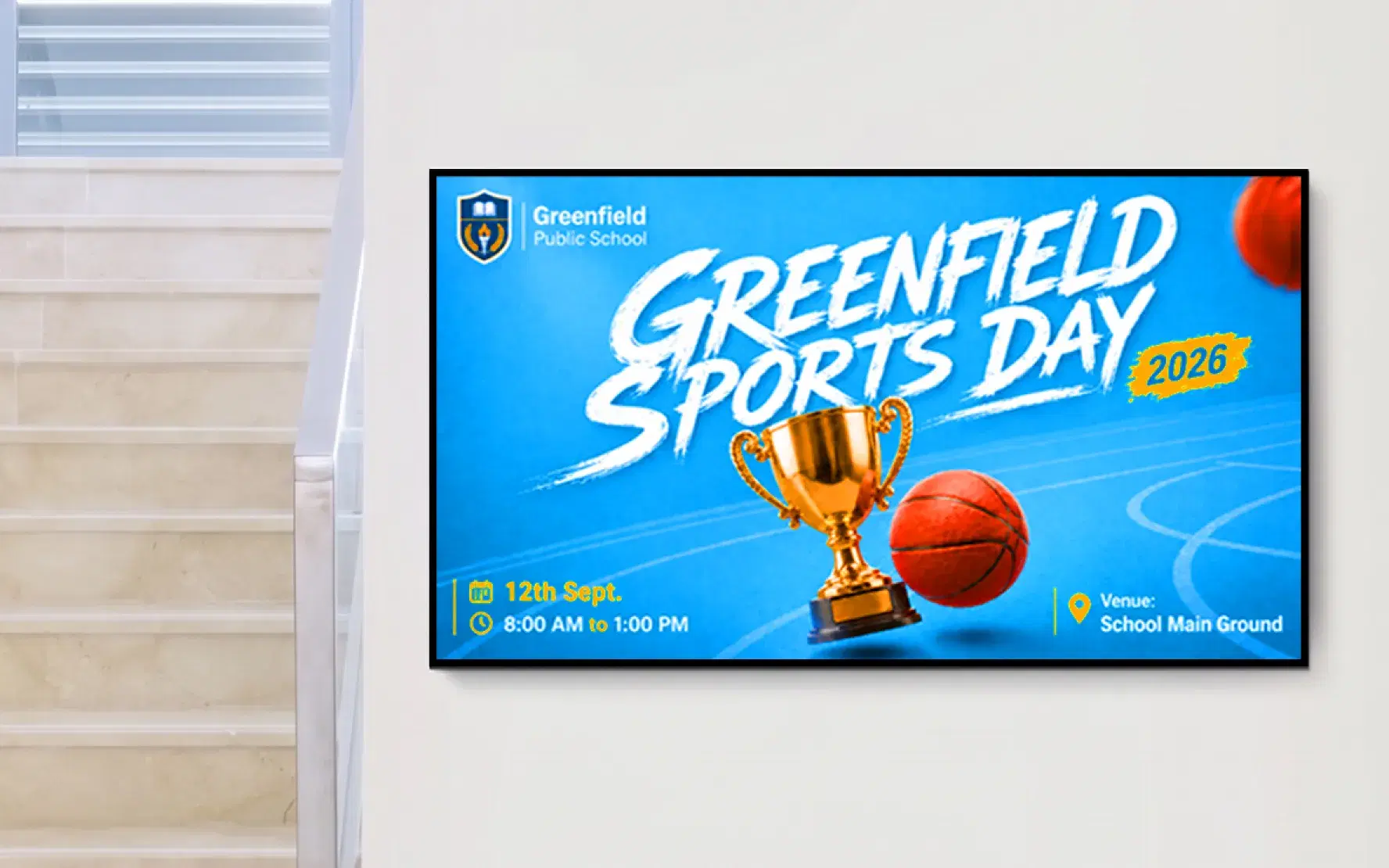Sports and events School digital signage displaying upcoming sports fixtures and school spirit content