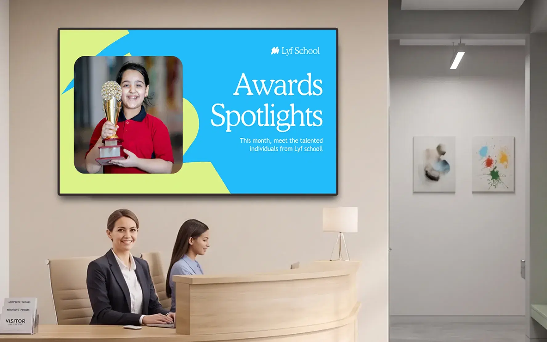 Student achievement School reception digital signage celebrating student awards and academic achievements