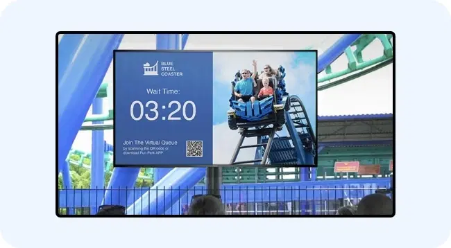 Digital signage screen showing real-time queue management and wait times Digital signage screen showing real-time queue management and wait times