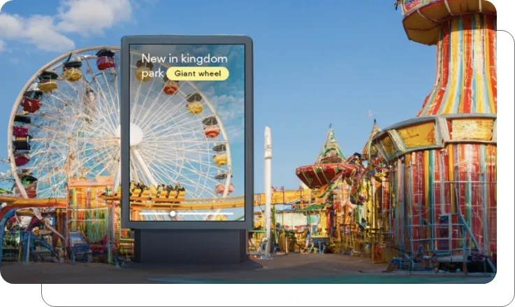 Digital signage screen showing promotion of available and new rides at amusement park Digital signage screen showing promotion of available and new rides at amusement park