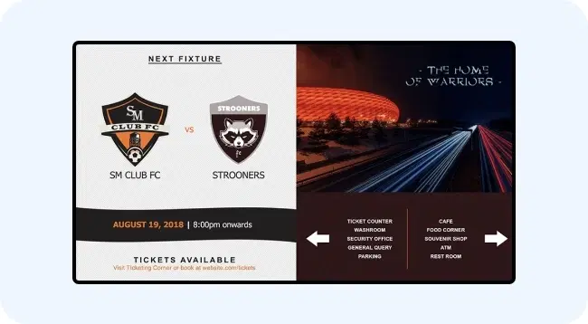 Digital signage screen showing content flexibility for different events at stadium Digital signage screen showing content flexibility for different events at stadium