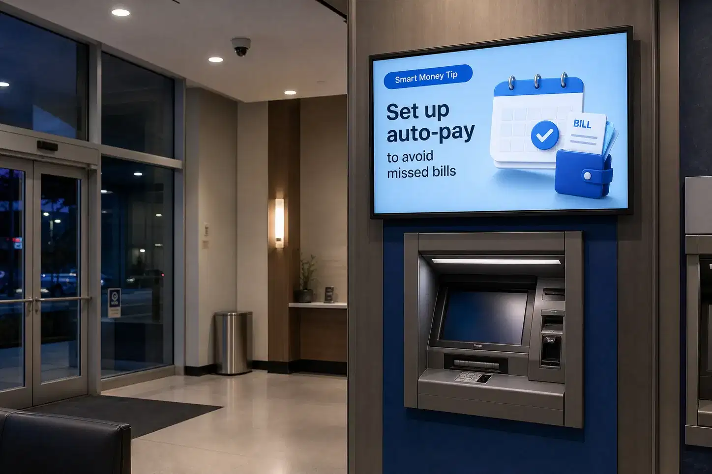 ATM lobby digital screen showing promotional content during customer dwell time, managed via Pickcel digital signage ATM lobby digital screen showing promotional content during customer dwell time, managed via Pickcel digital signage