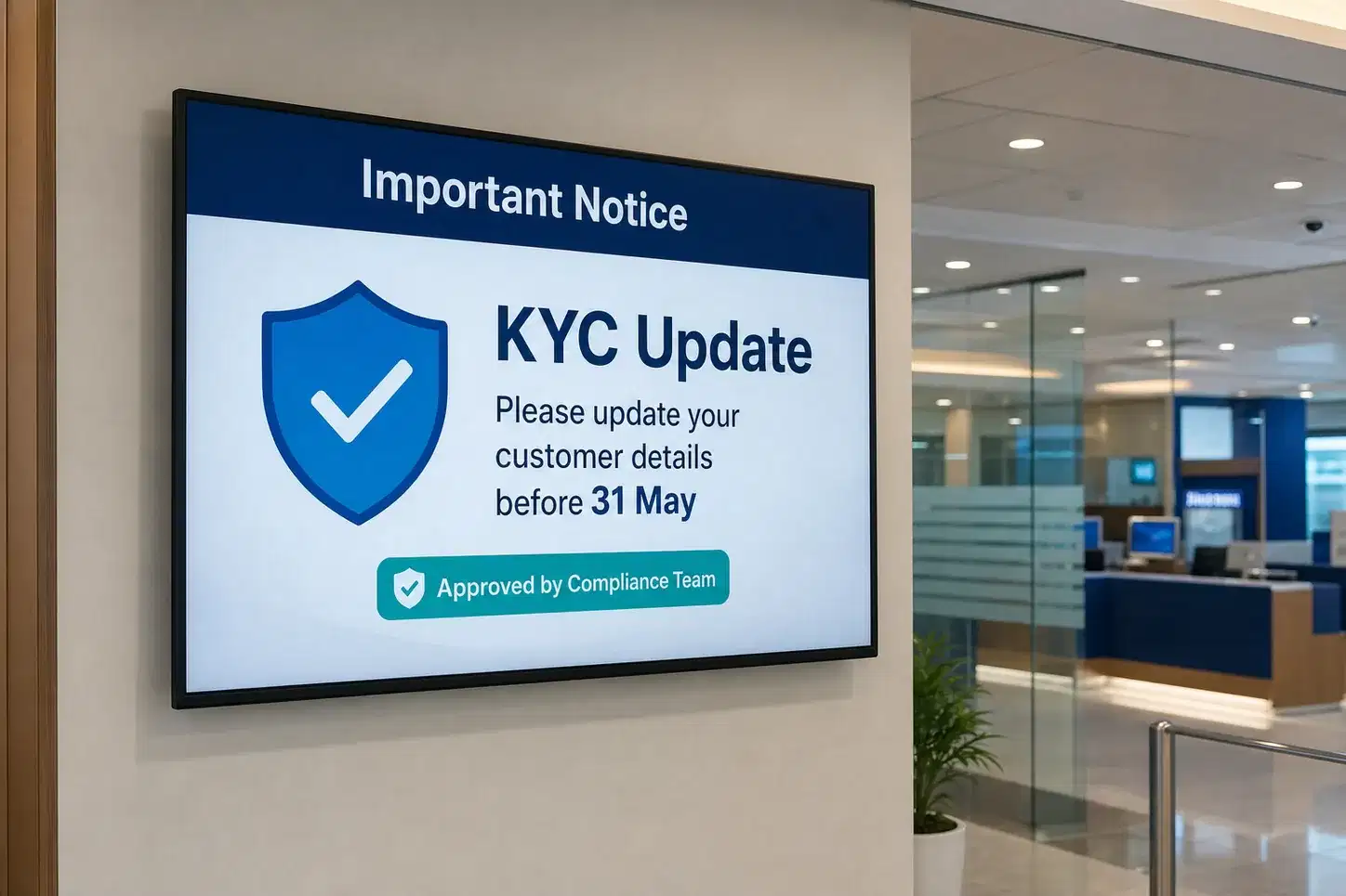 Bank branch digital screen displaying a regulatory compliance notice managed through Pickcel's approval workflow Bank branch digital screen displaying a regulatory compliance notice managed through Pickcel's approval workflow