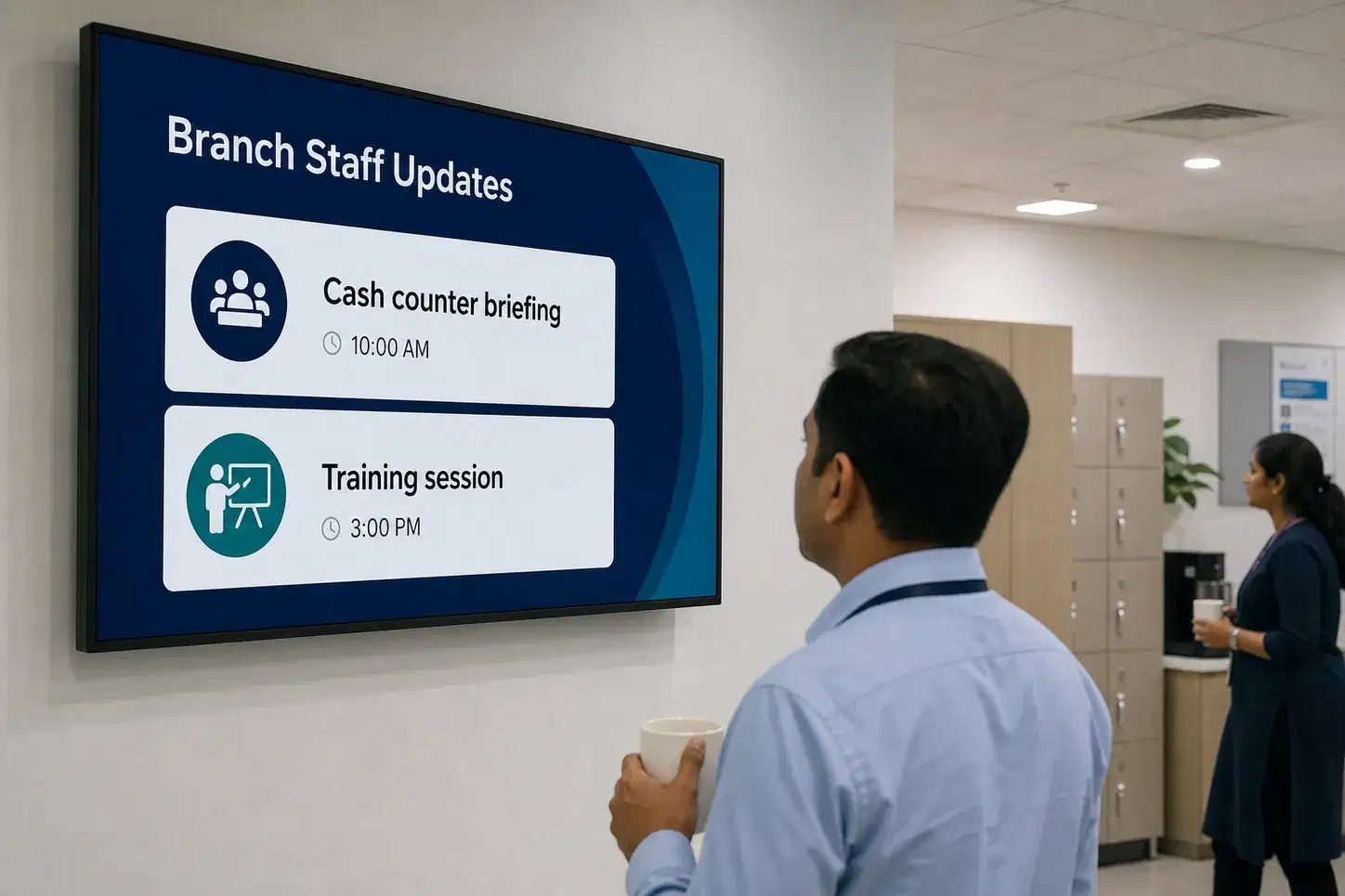 Bank back-office screen showing staff operational updates and training reminders via Pickcel internal communications channel Bank back-office screen showing staff operational updates and training reminders via Pickcel internal communications channel