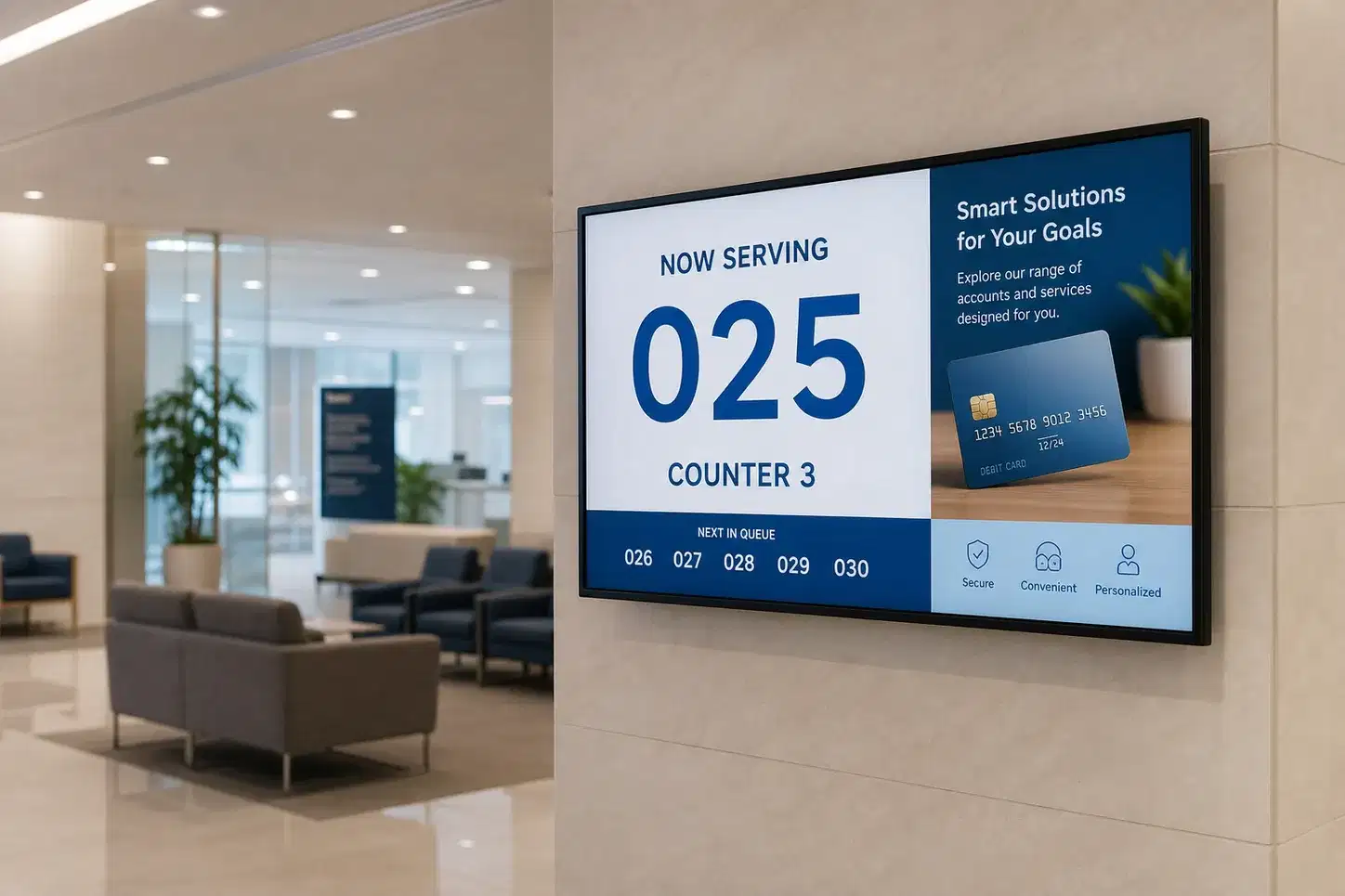 Bank lobby queue management digital screen showing ticket numbers and wait times alongside product promotions Bank lobby queue management digital screen showing ticket numbers and wait times alongside product promotions