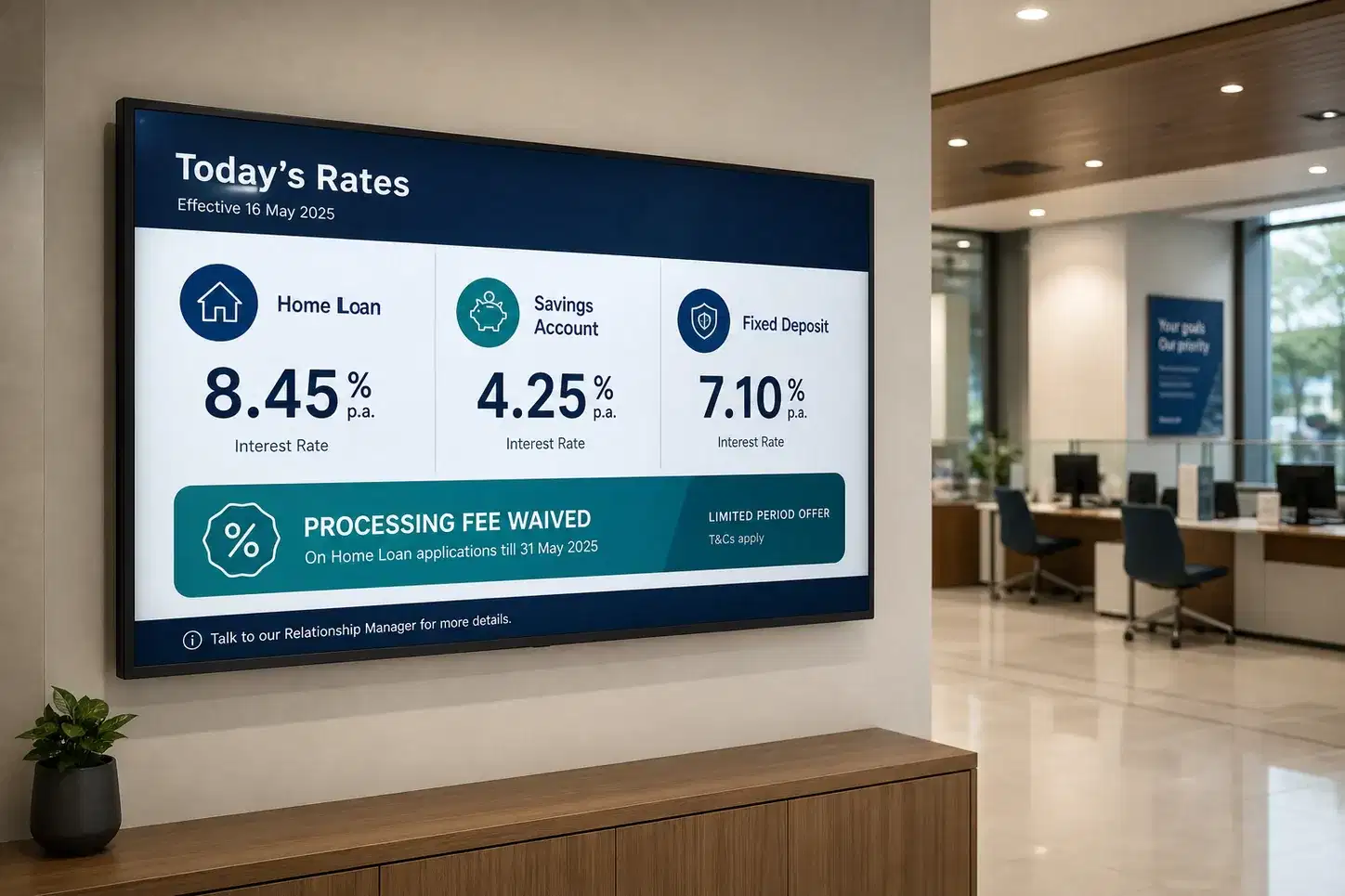 Bank branch digital rate board displaying current loan and deposit interest rates updated via Pickcel Bank branch digital rate board displaying current loan and deposit interest rates updated via Pickcel