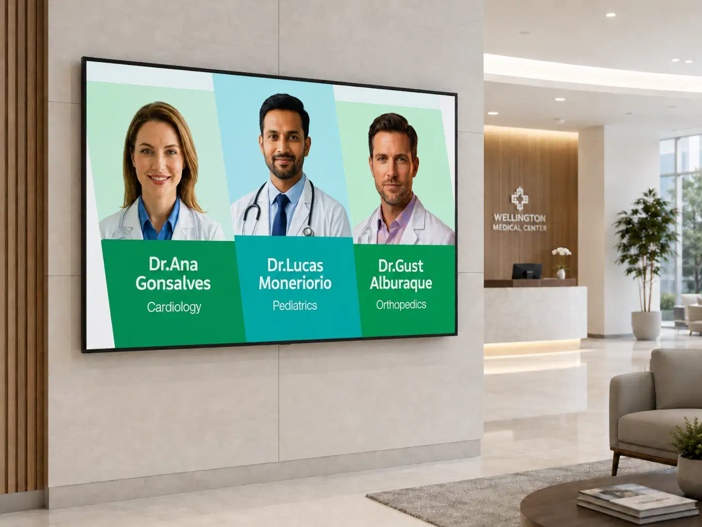 Hospital lobby directory board listing physicians, departments, and visiting hours Hospital lobby directory board listing physicians, departments, and visiting hours