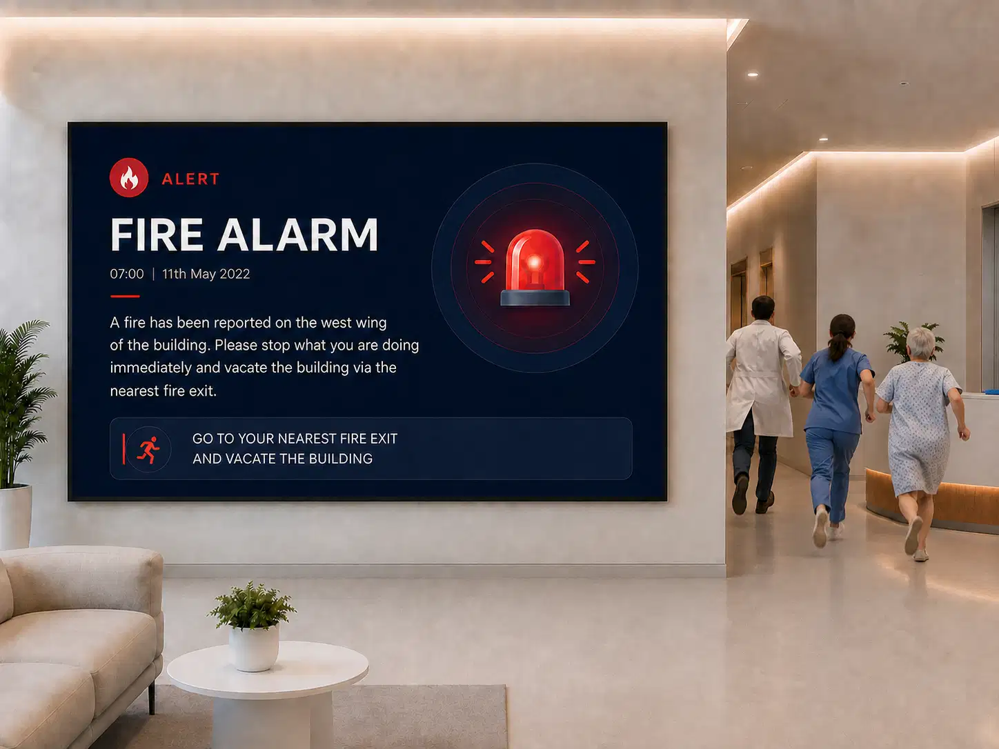 Hospital screen displaying a full-screen emergency code alert overriding scheduled content Hospital screen displaying a full-screen emergency code alert overriding scheduled content