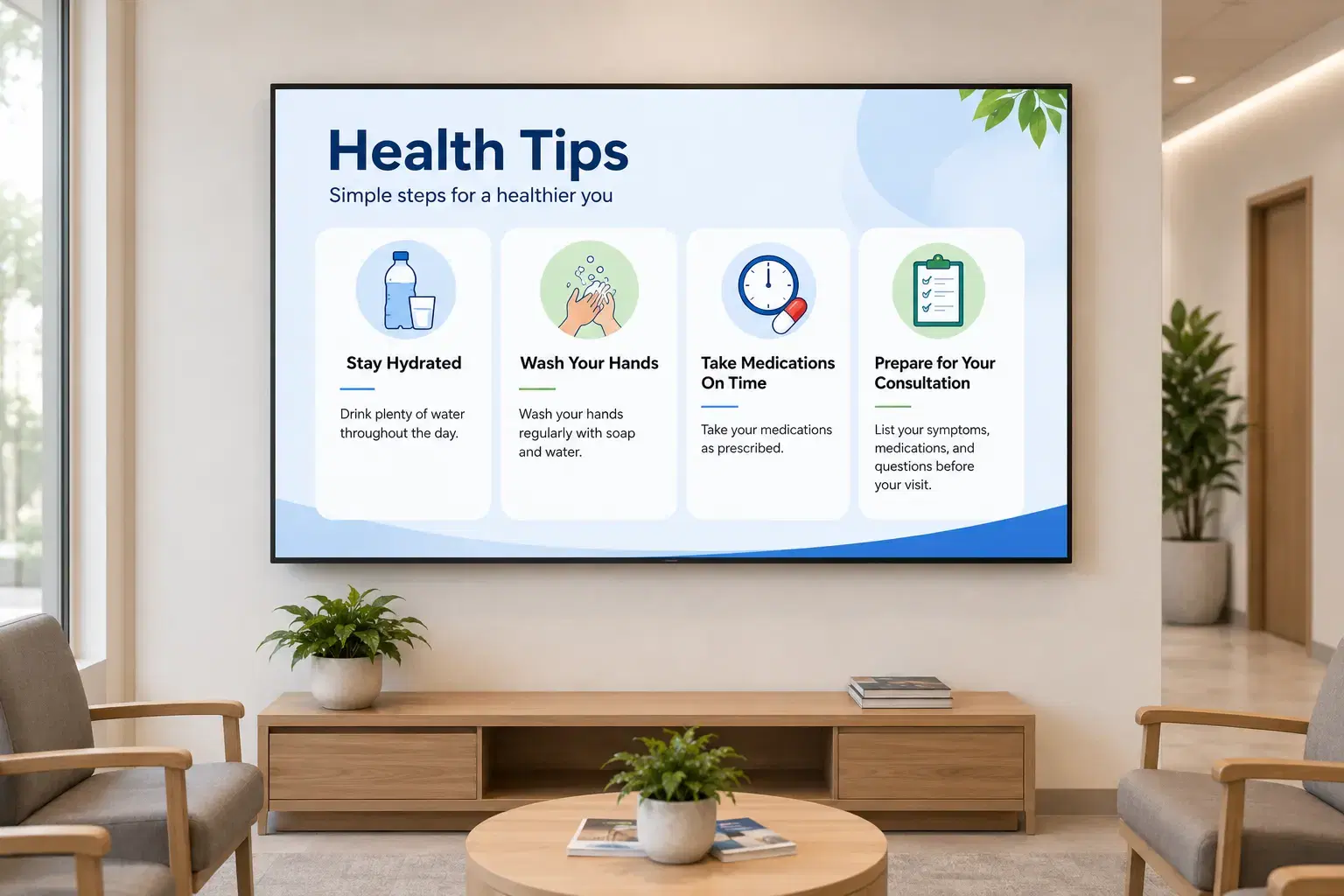 Clinic digital signage displaying patient health awareness content Clinic digital signage displaying patient health awareness content