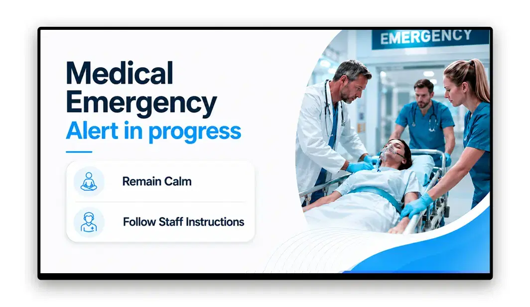 Hospital waiting room screen showing emergency and policy alert messaging Hospital waiting room screen showing emergency and policy alert messaging