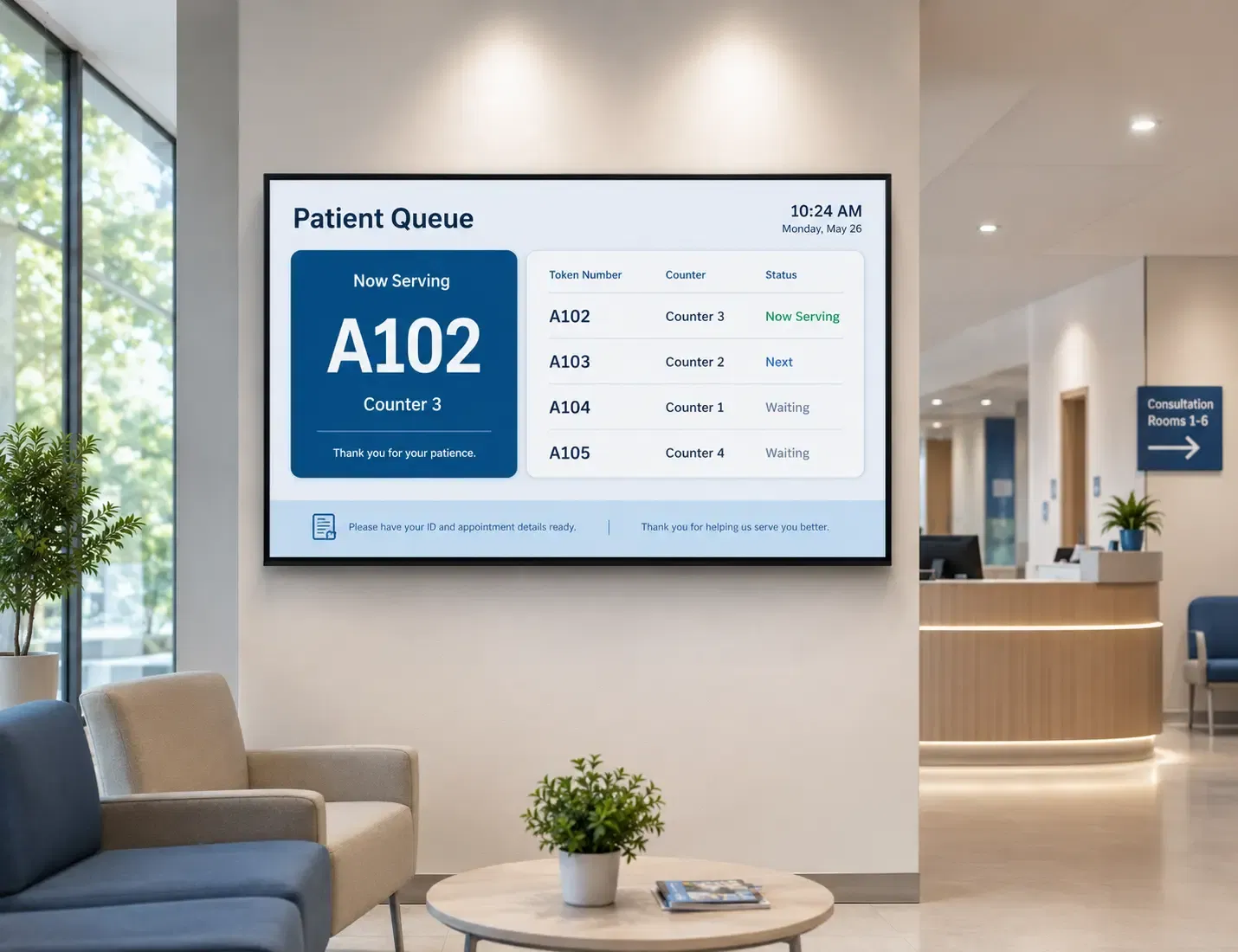 Hospital waiting room with Pickcel digital signage displaying health education and queue status on wall-mounted screens Hospital waiting room with Pickcel digital signage displaying health education and queue status on wall-mounted screens