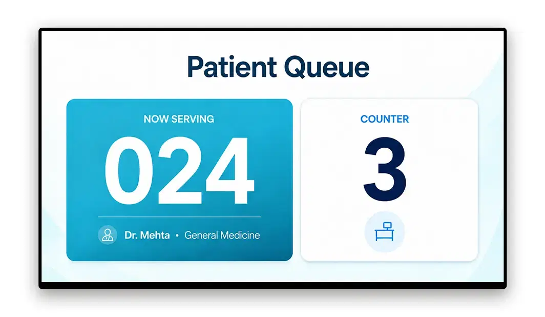 Hospital waiting room screen showing queue and appointment status information Hospital waiting room screen showing queue and appointment status information