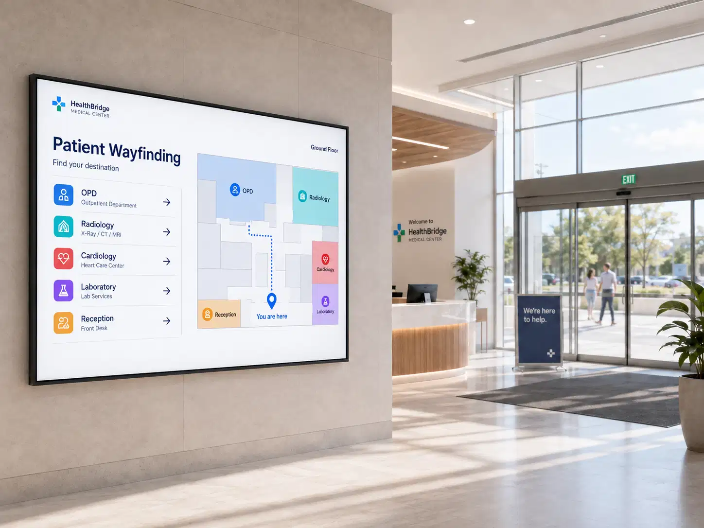 Interactive hospital wayfinding directory guiding a patient to a department Interactive hospital wayfinding directory guiding a patient to a department