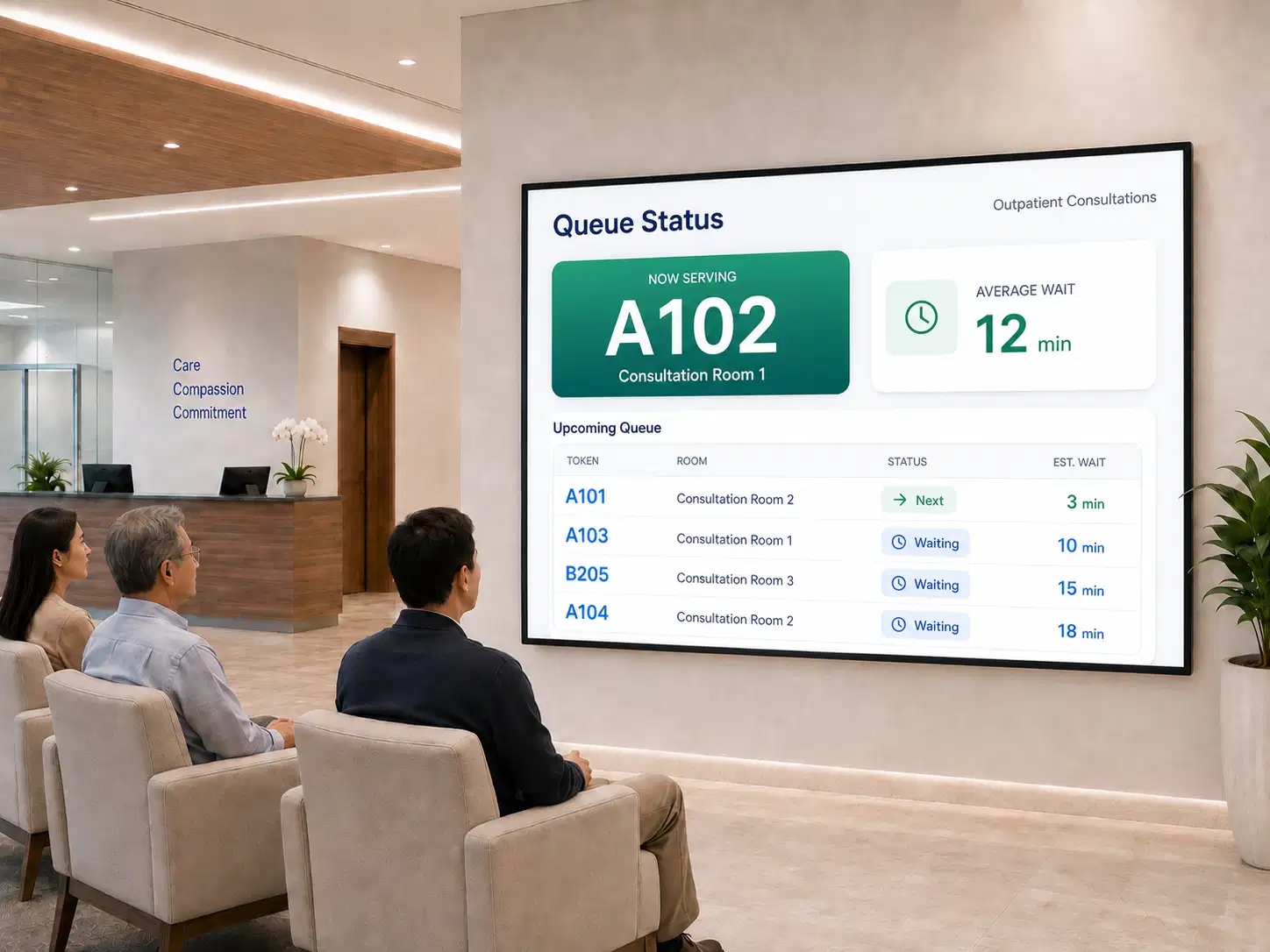 Waiting room screen showing live queue positions and estimated wait times Waiting room screen showing live queue positions and estimated wait times