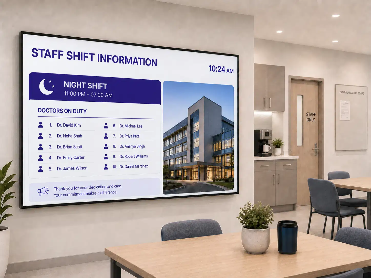 Nurse station screen showing shift handover notes and departmental targets Nurse station screen showing shift handover notes and departmental targets
