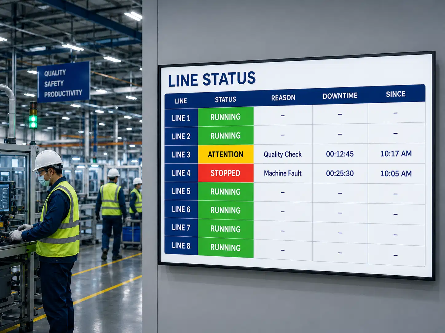Digital andon board display showing machine stop status on a production line screen Digital andon board display showing machine stop status on a production line screen