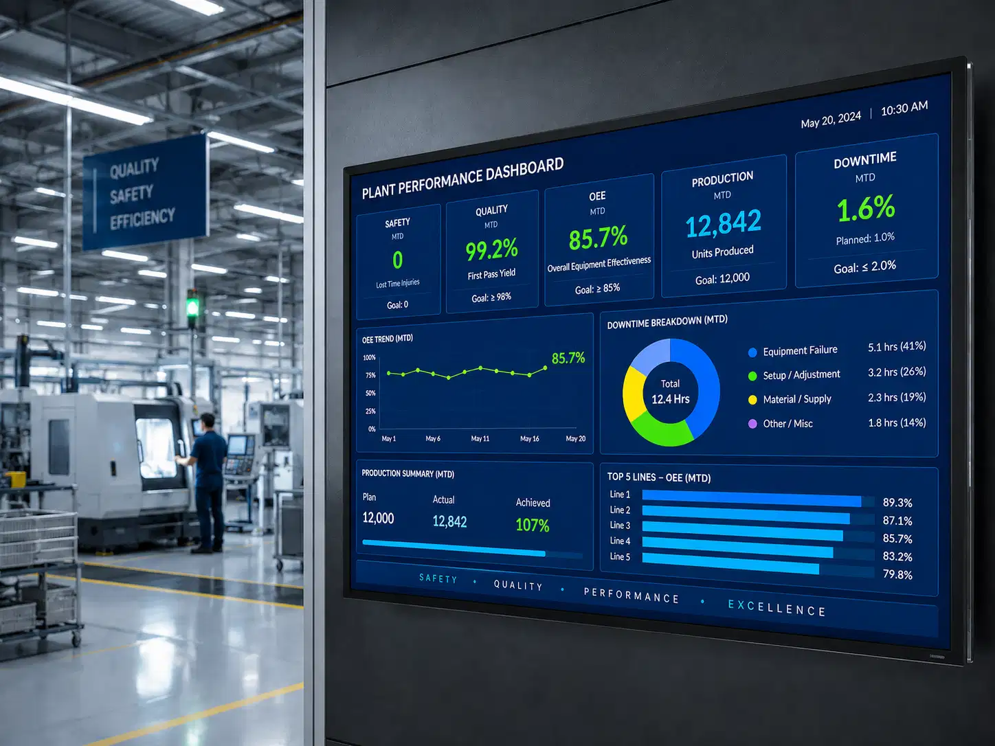 Manufacturing KPI display screen showing live OEE and production targets with Pickcel digital signage Manufacturing KPI display screen showing live OEE and production targets with Pickcel digital signage