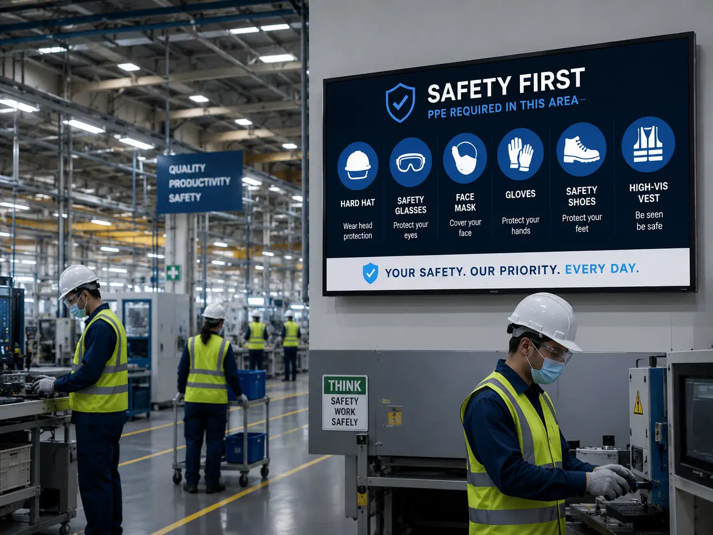 Manufacturing safety alert broadcast displayed on factory floor screens Manufacturing safety alert broadcast displayed on factory floor screens